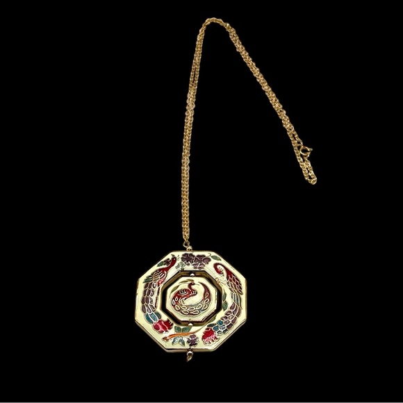 Stunning Vintage 14KT GF Peacock and Floral Cloisonné Spinning Pendant Necklace - Picture 4 of 11